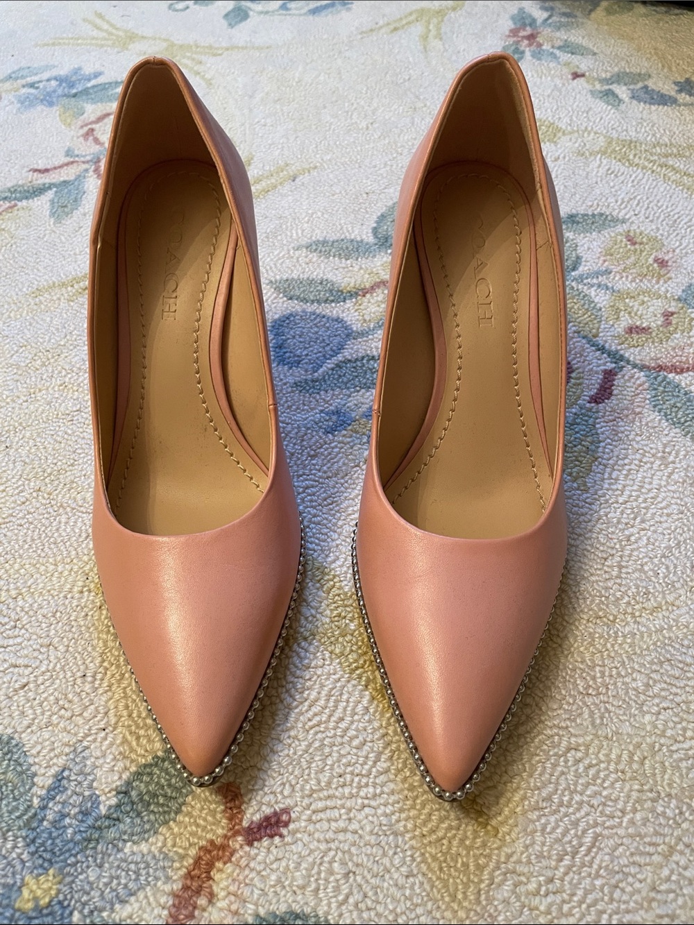 Coach Pink Pointed Toe Pumps with Studded Trim - Picture 1 of 9